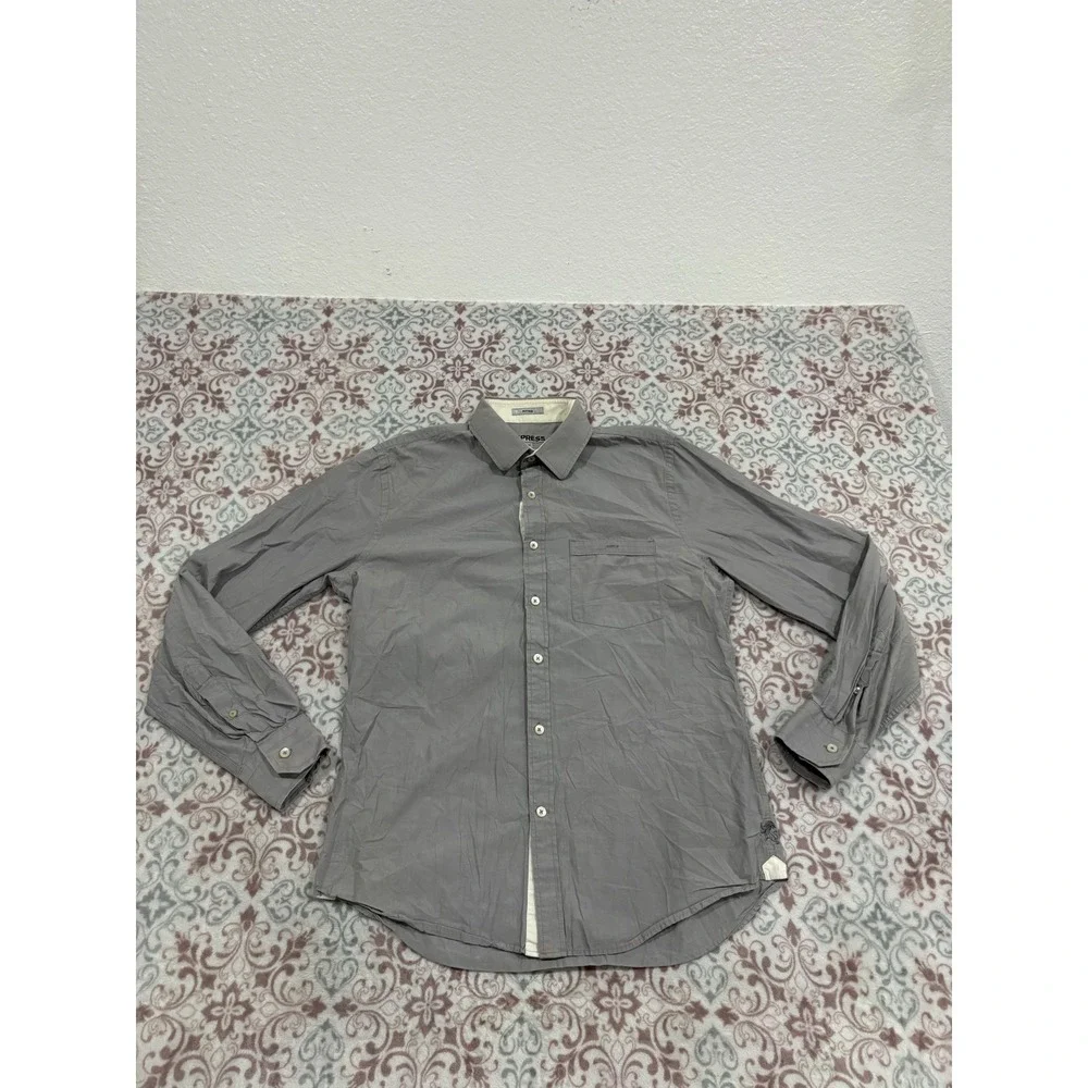 Express Mens Fitted Gray Long Sleeve Button Down Shirt Size M 15-15.5 Lion Logo